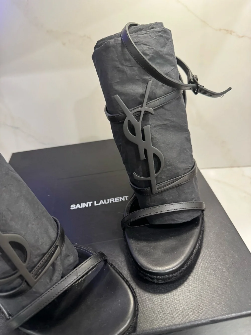 Yves Saint Laurent Black Logo Espadrille Sandals